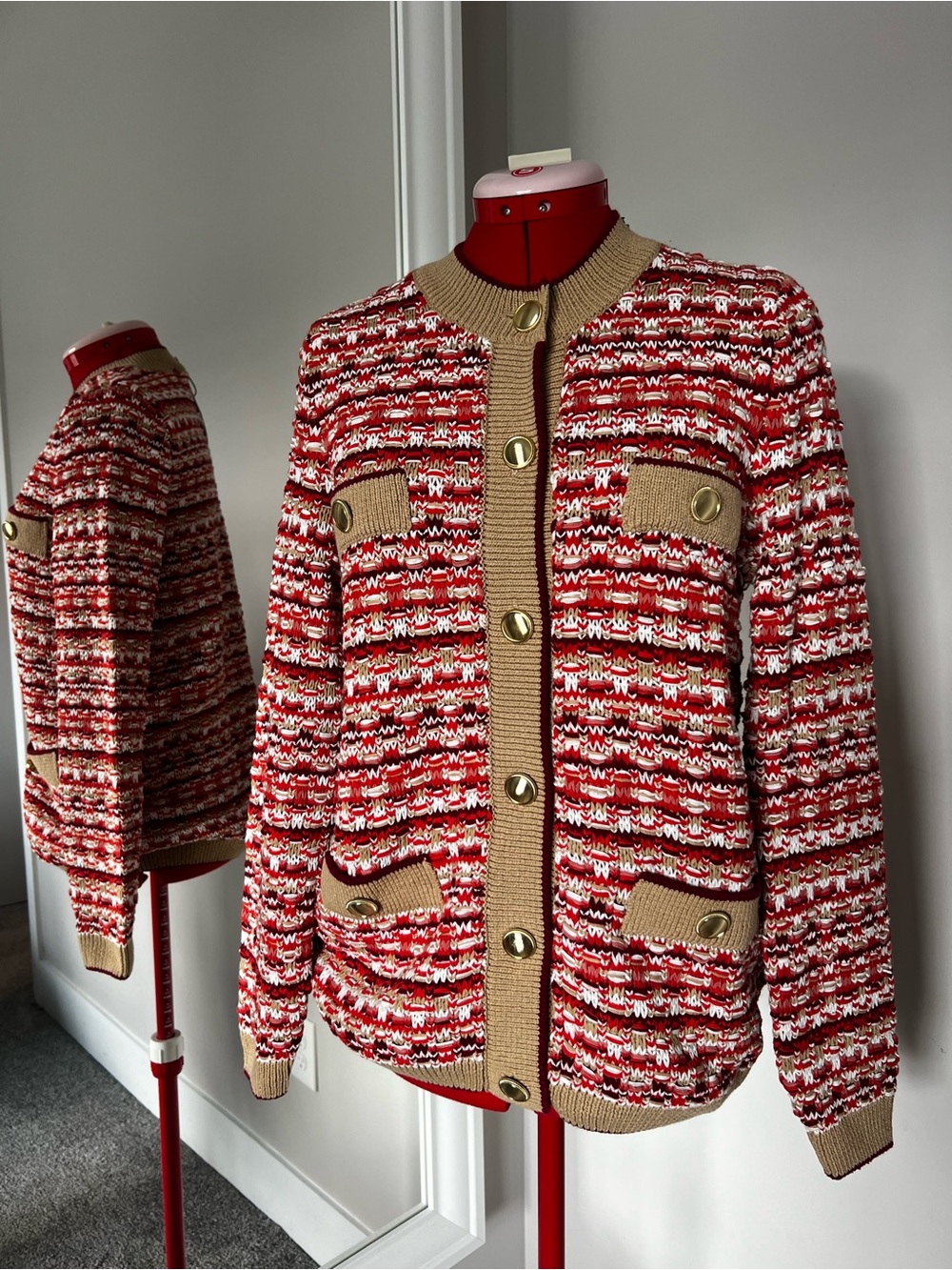 Ann Taylor Red, White & Tan Textured Knit Jacket with Gold Buttons